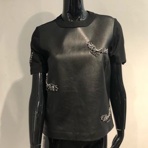 Rhinestone Eagles Embellished  Leather Crew Neck S